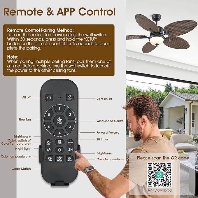 50 Inch Tropical Ceiling Fans with Lights and Remote/APP Control, Outdoor Waterproof Palm Leaf Ceiling Fan for Patios Porches, Wet Rated, Glass Lampshade, 6 Speeds, Quiet, Dark Brown