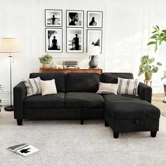 Small Sectional Couch, L Shaped Sectional Black Couch in a Box, Small Couches with Ottoman, 3 Seater Sofa for Living Room, Apartment, Dorm, Office