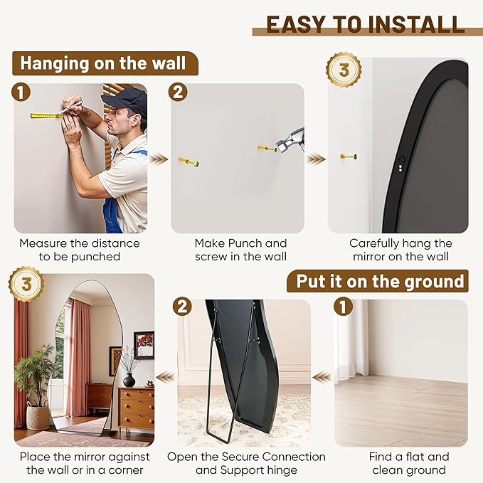 Antok Full Length Mirror, 68"x26" Floor Mirror with Stand, Standing Hanging Leaning Irregular Mirrors for Bedroom Living Room Entryway, Wavy Shaped, Black