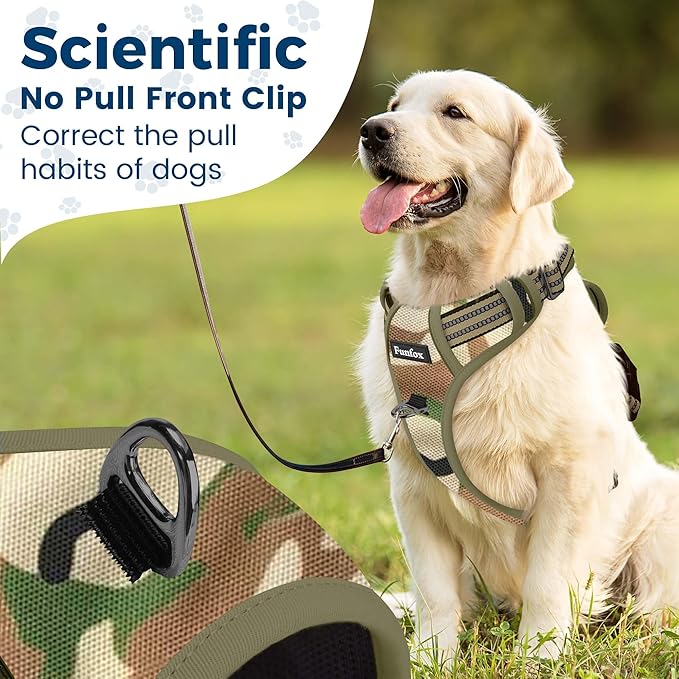 Funfox Dog Harness No Pull, Adjustable Pet Vest Harness, Super Soft Material with Vertical Handle Easy Control, Reflective Night Walking, 2 Leash Clips for Medium Sized Dogs, Camo Green, M