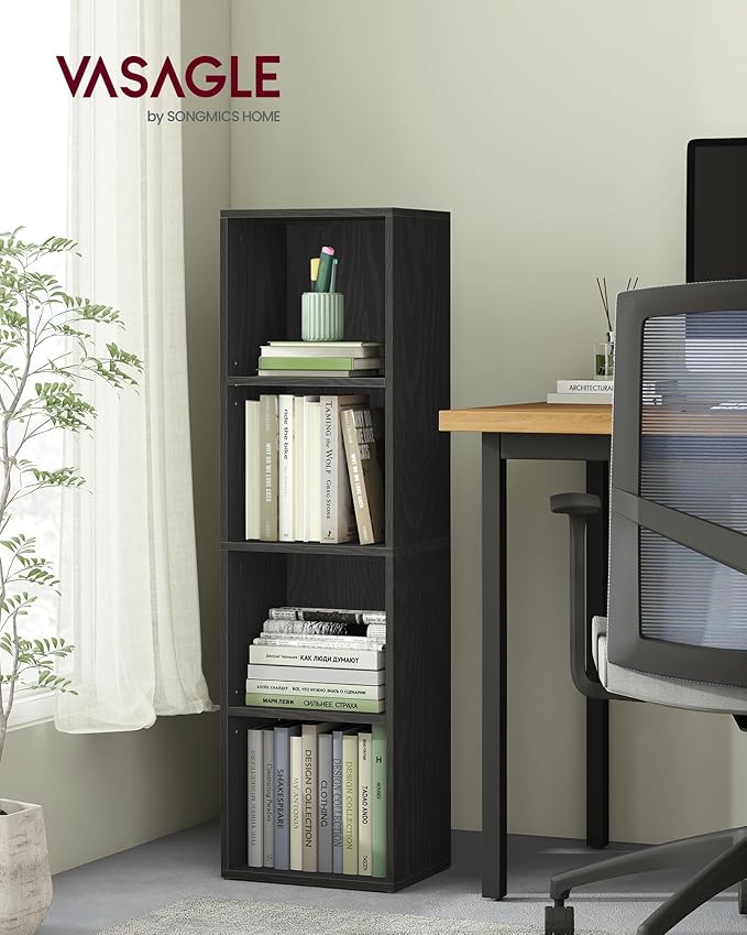 VASAGLE Custos Collection - Bookshelf, 4-Tier Bookcase, Book Shelf, Open Storage Shelf, 9.4 x 11.8 x 41.7 Inches, for Living Room, Home Office, Dining Room, Ebony Black ULBC434B01