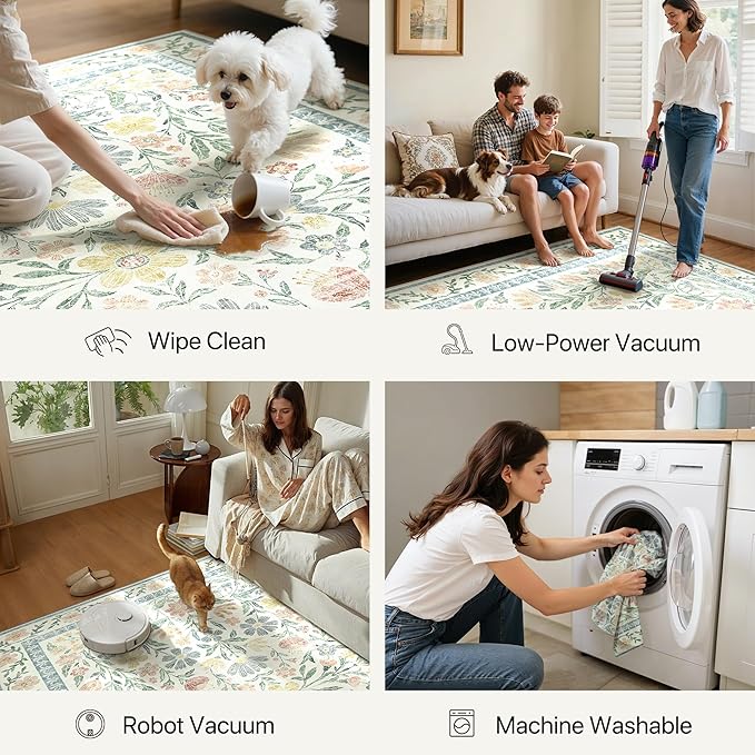 GENIMO 5x7 Washable Area Rug, Non-Slip Vintage Boho Floral Carpet, Soft Low-Pile Thin Bedroom Rug for Living Room, Dining Room, Nursery, Green