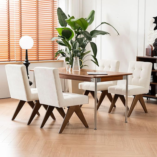 Rowill Modern Upholstered Dining Chairs Parsons Chair Linen Fabric Kitchen Chairs Tufted Armless Dining Room Chairs with Wood Legs Set of 4, Beige