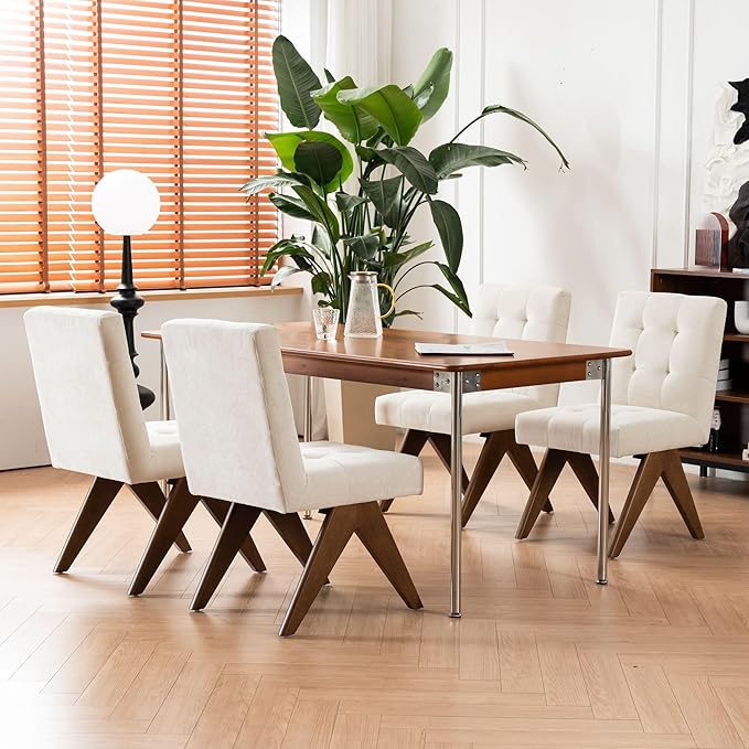 Rowill Modern Upholstered Dining Chairs Parsons Chair Linen Fabric Kitchen Chairs Tufted Armless Dining Room Chairs with Wood Legs Set of 6, Beige