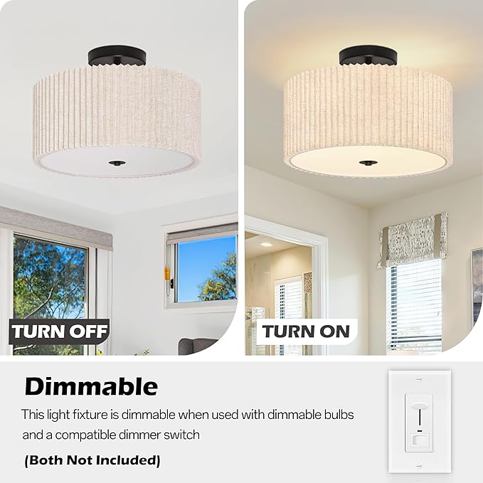 3-Light Semi Flush Mount Ceiling Lights Fixture 15.7 Inch Drum Light Fixture Drum Ceiling Lights with Pleated Fabric Shade Black Close to Light Fixtures for Hallway Living Room