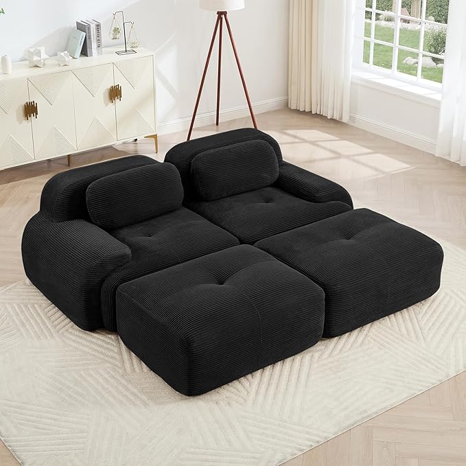 Black Ottoman for Modular Sectional Sofa, Corduroy Deep Seat for Oversized Compressed Boneless Sectional Couches for Living Room Bedroom Apartment, Cloud Sofa Couch, Memory Foam, No Assembly