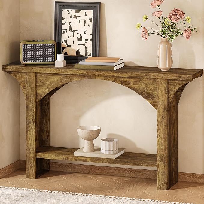 55 Inches Console Table,2 Tier Farmhouse Entryway Table,Narrow Wood Accent Tables with Storage Shelves for Living Room,Entrance,Hallway,Foyer (Brown)