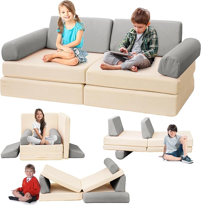 Modular Play Sofa, Instant Expansion, Corduroy Fabric, Grey and Beige