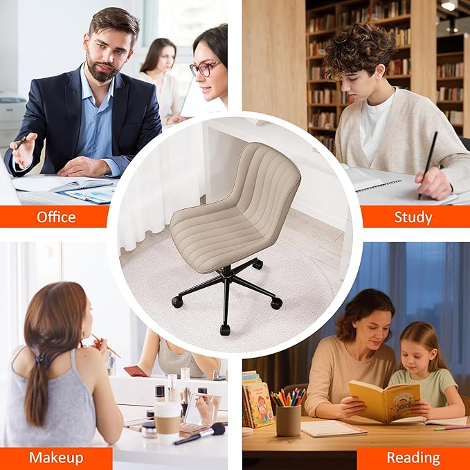 Kidol & Shellder Khaki Leather Home Office Desk Chair with Wheels Modern Cute Armless Executive Swivel Vanity Chair with Comfy Padded Back Ergonomic Rolling Adjustable Computer Task Chair Small