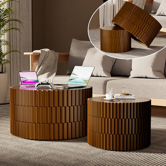26.8" Round Coffee Table Set of 2 Wooden Nesting Coffee Tables Modern Circle Coffee Table Industrial Side Table Farmhouse Nesting Tables for Living Room Bedroom, Office (Walnut 26.8"+19.7")