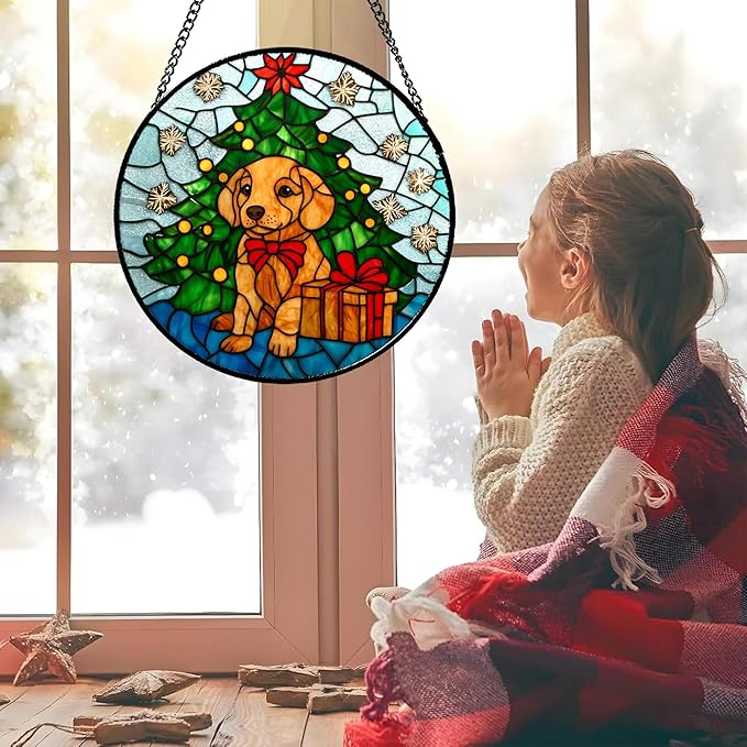 Stained Glass Window Hanging Green Christmas Tree Snowflake Dog Large 15" - Suncatcher Door Garden Sun Catcher Xmas Holiday Decor Birthday for Mom Men Woman Friend Nana