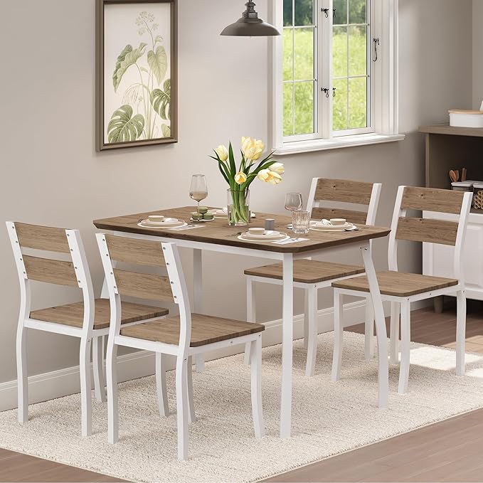 5 Piece Dining Table Set for 4, Space-Saving Kitchen Table with Wooden Seat Chairs, Modern Angled Corner Design, Compact Dinner Set for Small Spaces, Apartment, White & Wood Grain Color