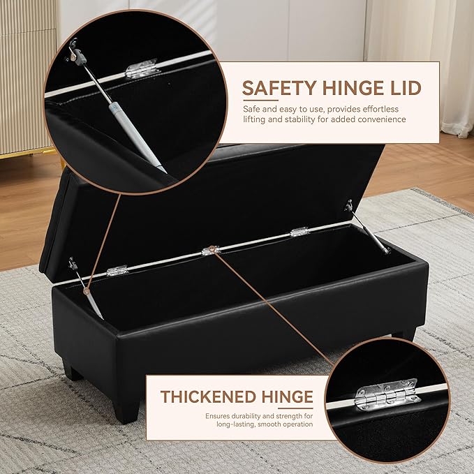 50" Faux Leather Storage Ottoman Bench, Upholstered Rectangle End of Bed Storage Ottoman Tufted Living Room Bedroom Bench with Safety Hinge, Solid Wood Legs, Loads 500 lb(Black)