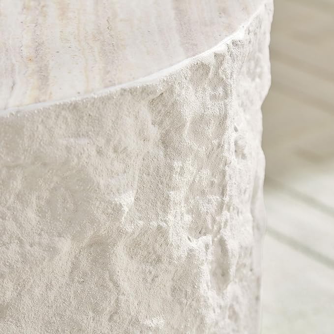 Round Fiberglass Coffee Table for Living Room,15.75 Inch Side Table for Bedroom,Modern Design Imitation Stone End Table for Apartment,No Need Assembly,Beige