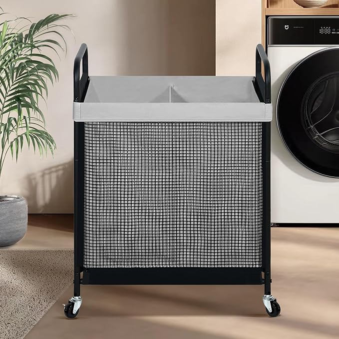 STO STO Laundry Hamper 2 Section, 100L Rolling Laundry Sorter Cart with Removable and Washable Liner Bag, Rolling Clothes Hamper with Metal Handle for Laundry Room and Bedroom, Gray
