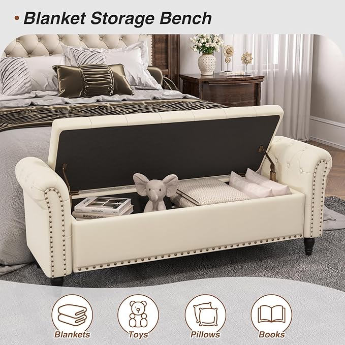 65 Inch Bedroom Bench, End of Bed Bench with Storage, Bed Benches for Foot of Bed, Faux Leather Window Bench with Tufted Button and Nailhead Trim, Upholstered Storage Bench, Rolled Arms, Cream White