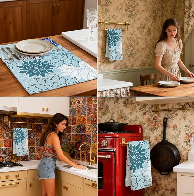 Boho Floral Abstract Waffle Towels, Flower Hand Towel for Bathroom Decor, 16x24 Inch Neutral Blue Flower Dish Tea Towel Decor for Kitchen/Bath/SPA,Gift for Friends.