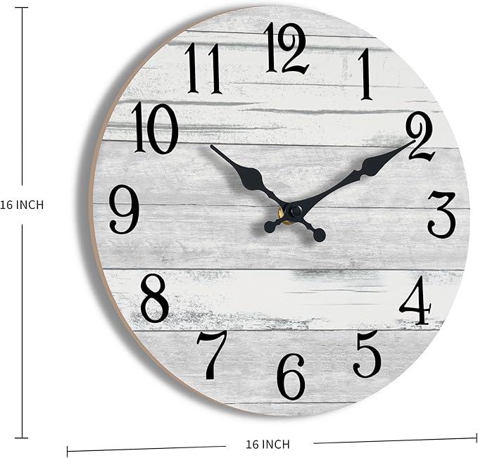 Wall Clock Battery Operated 16 Inch Large Gray Silent Non Ticking Country Rustic Design Vintage Retro Decorative for Bathroom Kitchen Bedroom