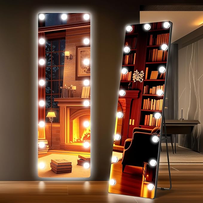 Kosmonia 56x18 Hollywood Full Length Mirror with Light, 17 Dimmable Bulbs & 3 Color Smart Touch Control, Distortion Free, Tempered Glass & Shatter Proof Film, Safe Full Body Mirrors with Stand