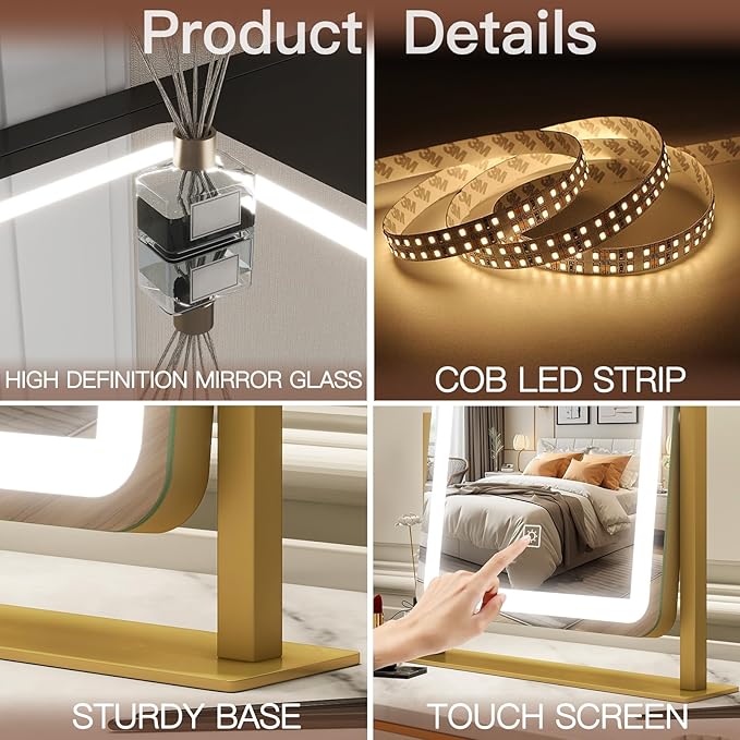 FENNIO Vanity Mirror with Lights - 15"x12.6" LED Lighted Makeup Mirror, Large Makeup Mirror with Lights, Touch Screen with 3-Color Lighting, Dimmable, for Vanity Desk Tabletop, Bedroom Gold