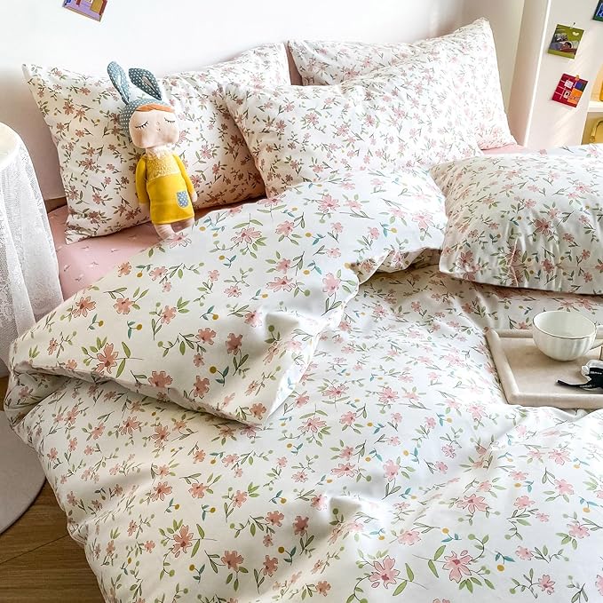 EAVD Garden Style Pink Floral Comforter Set Queen White Soft Microfiber Chic Floral Leaves Pattern Bedding Set with 2 Pillowcases Vintage Botanical Comforter Set for All-Season