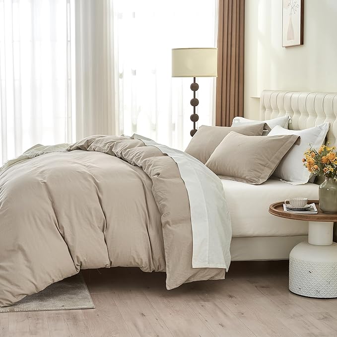 Simple&Opulence French Linen Duvet Cover Set 78" x 86"- 3 Pieces (1 Comforter Cover,2 Pillowcases)- Natural Flax Cotton Blend-Solid Color Breathable Farmhouse Bedding- Khaki, Full