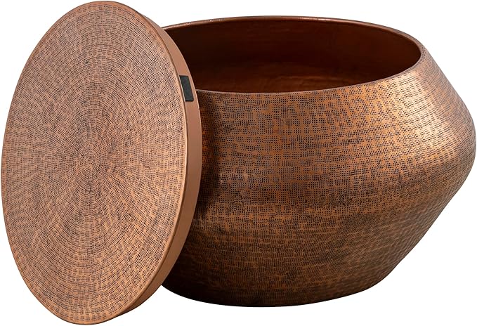 Albany Living Modern Cylindrical Aluminum Hammered Embossed Texturing, Metal Drum Coffee Table with Removable Lid for Storage,Fully Assembled, for The Living Room and Bedroom, Copper