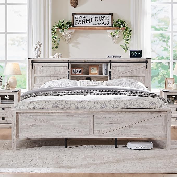 T4TREAM Farmhouse King Size Bed Frame w/Storage Bookcase Headboard, Sliding Barn Door, Charging Station, Rustic Wood Platform Bed w/Wood Slats Support, No Box Spring Needed, Antique Brush White