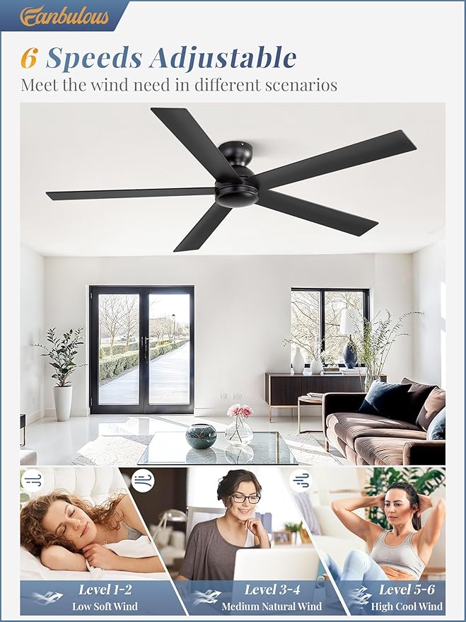 60 Inch Flush Mount Ceiling Fan no Lights, Black Ceiling Fan, 6-Speeds, Quiet Reversible DC Motor, Indoor/Outdoor Large Ceiling Fans without Lights for Living Room, Bedroom,Patio