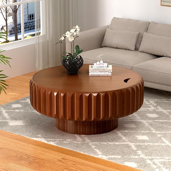 31.5" Drum Coffee Table with Storage Modern Unique Fluted Tea Table Contemporary Round Coffee Table with Fluted Center Table for Small Space Apartment(31.5in)