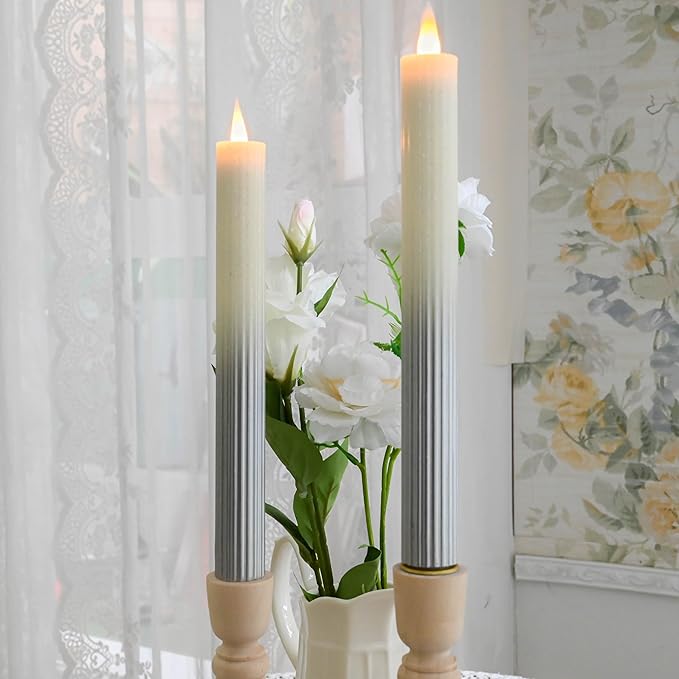 Flameless Taper Candles Flickering with Remote and Timer, 3D Moving Flame Taper Candle Battery Operated to 400 Hours, 9 Inch Window Candles, (Gradient Silver-Vertical Stripes)