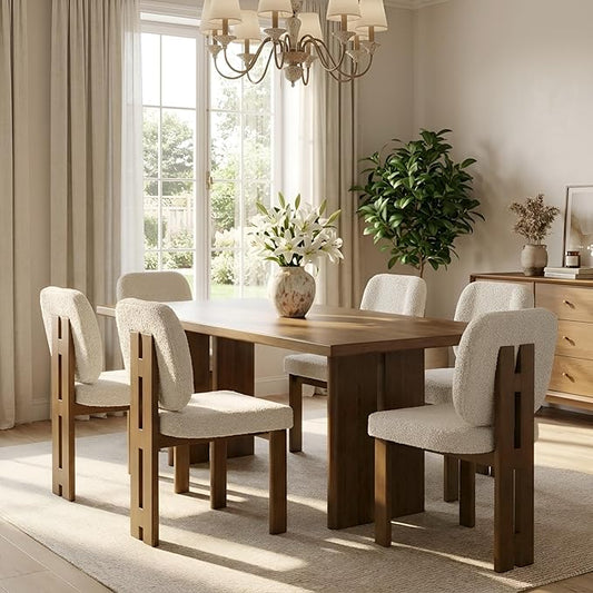 Modern Boucle Dining Chairs Set of 6, Farmhouse Sherpa Upholstered Wooden Kitchen Chairs with Back, Side Armless Dining Room Chairs with Walnut Wood Legs for Kitchen Restaurant, Beige