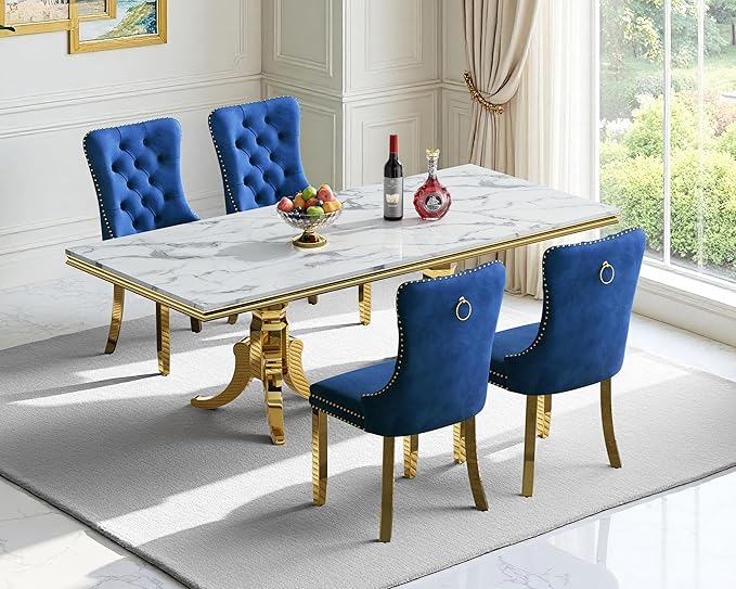 Goujxcy Faux Marble Dining Table Set for 4, Modern 5-Piece Dining Table Set with 4 Velvet Upholstered Chairs, 70" Large Long Faux Marble Kitchen Dining Room Table and Chairs with Stainless Steel Legs