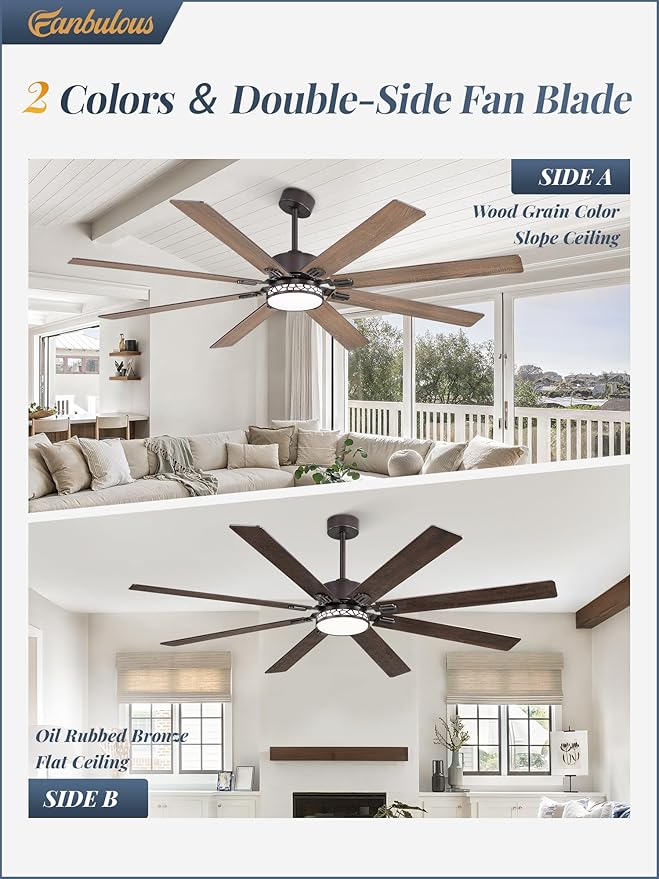 Fanbulous 72 Inch Large Ceiling Fans with Lights, Farmhouse Ceiling Fan with Light and Remote, Dual Finish 8 Blades, Reversible DC Motor, 3CCT, 6 Speed, Modern Ceiling Fan for Living Room, Oil Bronze