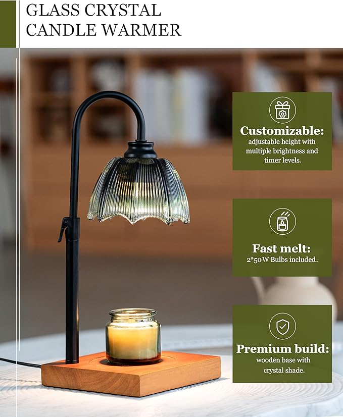 Candle Warmer Lamp with Timer, Dimmer & Adjustable Height, 25MM Wood Base, 2 Bulbs Included – Candle Warmer for Jar Candles, Gift Boxed Aromatherapy Lamp for Sleep, Bedroom, Yoga