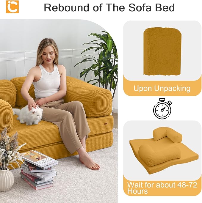 COMAX Folding Sofa Bed, 4-in-1 Convertible Foldable Floor Couch Futon Sofa with Armrests, Sleeper Mattress Fold Out Chair Bed Comfy Portable Lounge Guest for Living Room Bedroom, Yellow