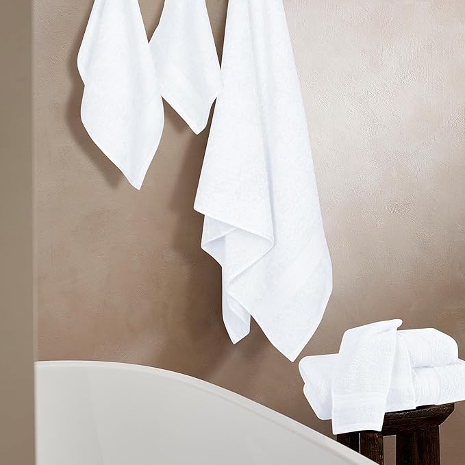BOUTIQUO 6 Pack Cotton Towel Set, Contains 2 Bath Towels 27x54 inch, 2 Hand Towels 16x24 inch & 2 Wash Coths 12x12 inch, Ideal Everyday use, Ultra Soft Compact & Lightweight - White