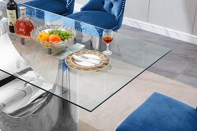 HomVent Modern Rectangle Glass Dining Table, 70''L x 35.4''W x 30''H, Silver With U Base, Clear Tempered Glass Top, Stainless Steel Base