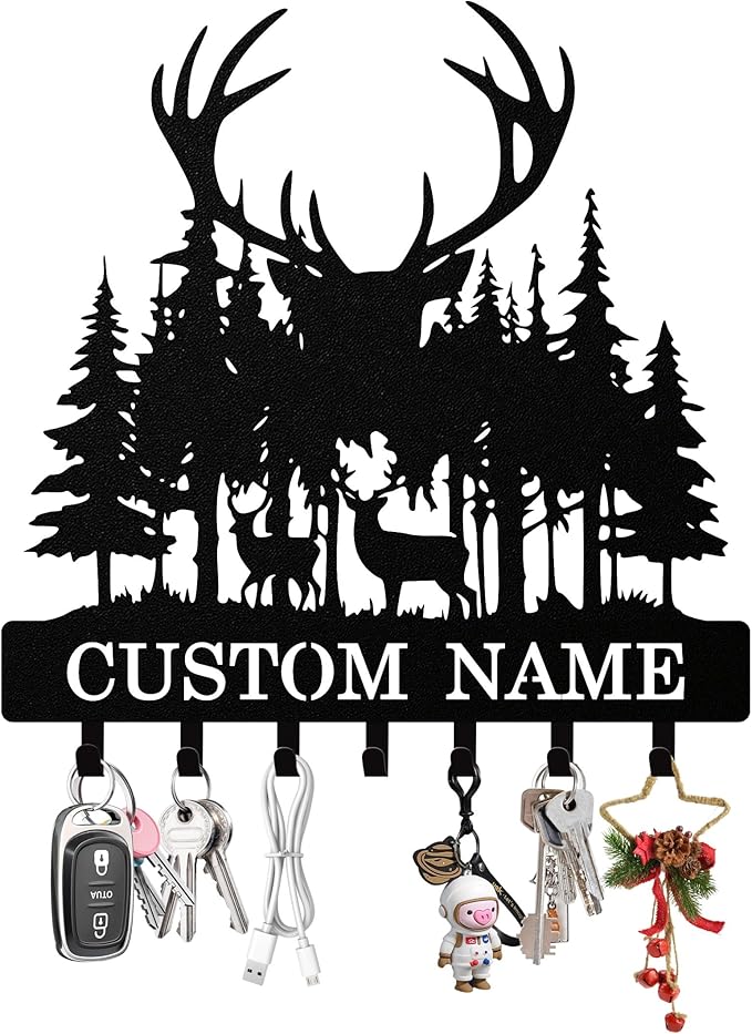 Personalized Deer Forest Key Holder Wall Mount, Custom Metal Keys Hanger for Wall with Name, Custom Key Rack Holder with Hooks for Entryway, Front Door, Hallway, Living Room, Kitchen