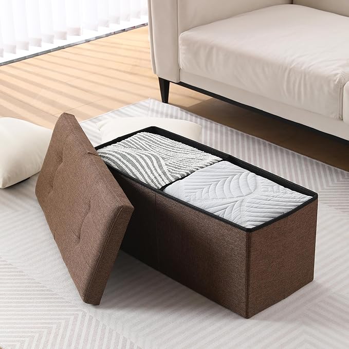 CUYOCA Storage Ottoman Bench Foldable Seat Footrest Shoe Bench End of Bed Storage with Flipping Lid, 75L Storage Space, 30 inches Linen Fabric Brown