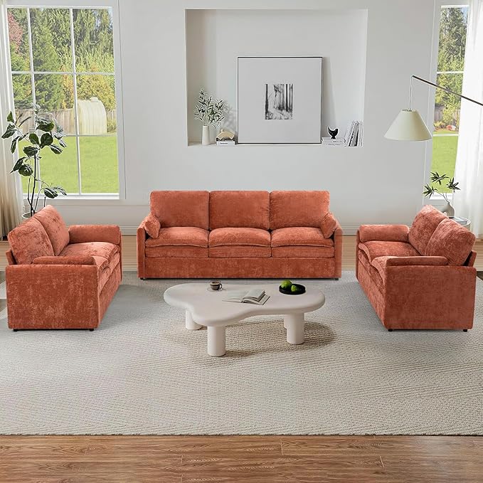 3 Pieces Chenille Sofa Set w/Arm Pillows, Upholstered 2 Pieces Loveseat & 3 Seater Sofa w/Comfortable Back Cushions, Modern 2-Seat & 3-Seat w/High-Density Foam for Living Room, Orange