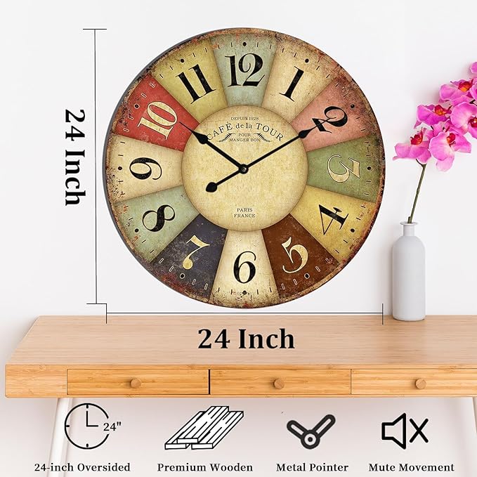 24 Inch Vintage Wall Clocks French Style Retro Wall Clock Large Farmhouse Clocks Retro Colorful Wall Clock Decorative Battery Operated Silent Scan Non-Ticking for Home Living Room Bedroom