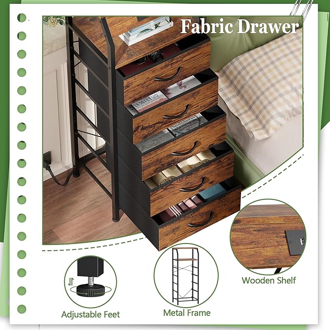 Furnulem 5 Drawers Dresser with Charging Station, Tall Night Stand with Storage Shelf, Fabric Chest of Drawers, Bedside Table for Closet, Entryway, Bedroom Furniture, 3 Ways to Use, Rustic Brown