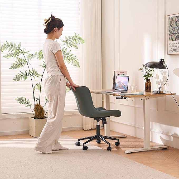 Kidol & Shellder Leather Home Office Desk Chair with Wheels Modern Cute Armless Executive Swivel Vanity Chair with Comfy Back Ergonomic Rolling Adjustable Computer Task Chair Small Greyish Green