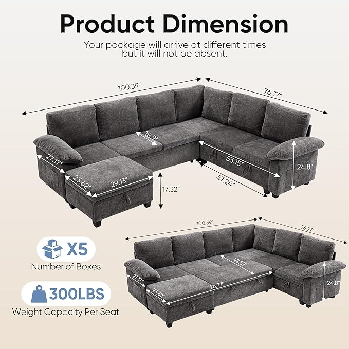 100" Modular Sectional Sleeper Sofa with Pull Out Bed,U Shaped 7 Seat Sectional Sofa with Storage,Modular Couch for Living Room,Deep Seat Couch with Removable Sofa Cover,Gray