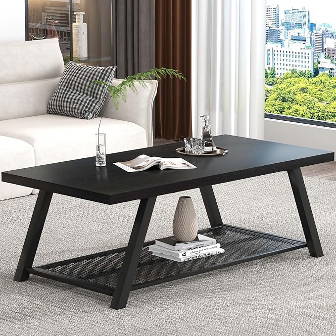 FOLUBAN Black Coffee Table, Modern Rustic Wood and Metal Living Room Table with Storage Shelf, Industrial Rectangle Cocktail Tea Table, 47 Inch