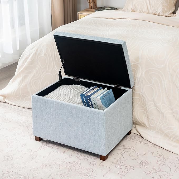 Joveco 24" Linen Storage Ottoman Bench, Rectangle Foot Rest Stool for Living Room, Bedroom, Entryway, Linen Llight Bue