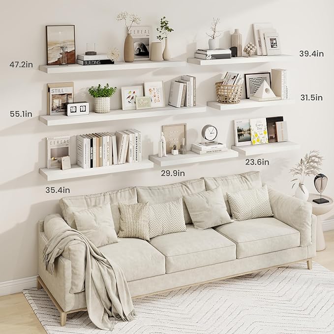 Fun Memories 36 Inch Floating Shelves, 9.3 Inch Deep Rustic Wall Shelves - Extra Deeper Wall Mounted Storage Shelves for Bathroom, Kitchen, Living Room (White, Set of 2)