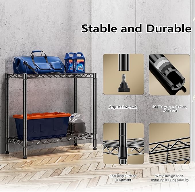 MZG 220 lbs 2 Tier Storage Rack Metal Wire Shelving Unit, Storage Standing Household Shelf Organizer for Laundry Bathroom Kitchen Pantry Closet Basement Utility Room, Black 11.8" D x 27.6" W x 23.4" H