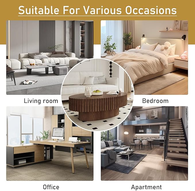 Oval Drum Coffee Table 43.3" Wooden Coffee Tables Handcrafted Fluted Drum Coffee Table Mid Century Modern Luxury Center Table Vintage Farmhouse Center Table for Living Room (Oval Dark Brown)